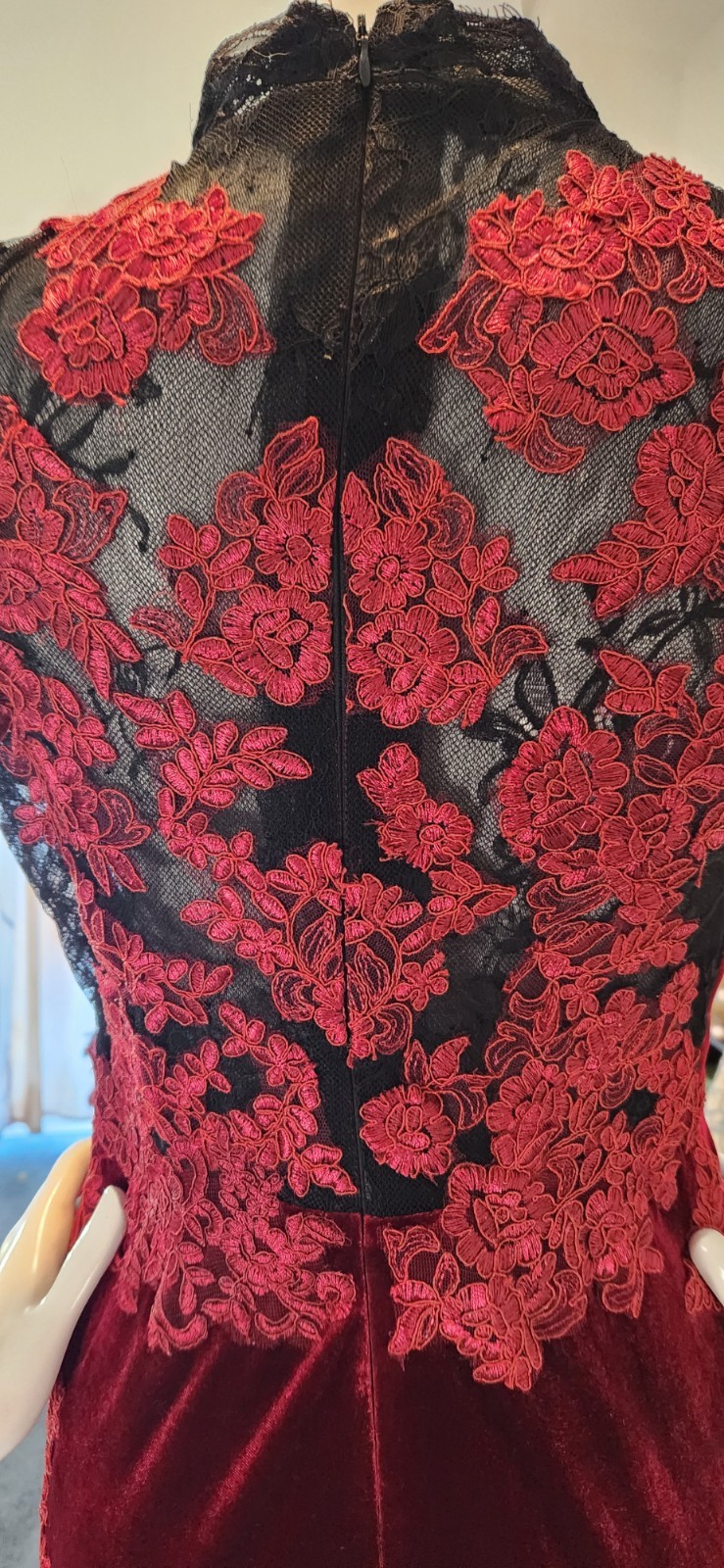 Red carpet stretch velour dress with chantilly and alencon lace size s/m - nwt