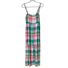 Loft Maxi Dress Pink Green Plaid Sleeveless Tiered Picnic Garden Preppy Size XS