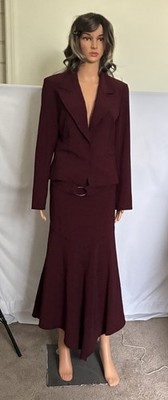ALBERTO MAKALI Women s Skirt Suit With Belt Jacket Snap Up Maroon/Black Size 8