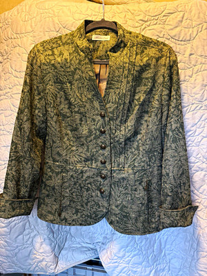 Coldwater Creek Green Herringbone Blazer Jacket Lined Button Pockets 12