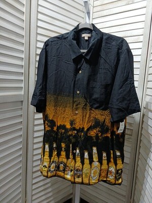 George Mens Shirt Size L 42-44 Black Bottles of Beer Button Up Short Sleeve 