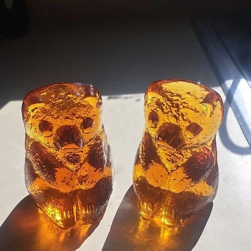 Blenko Amber Art Glass Bear Figurine Pair Decorative Glossy Finish