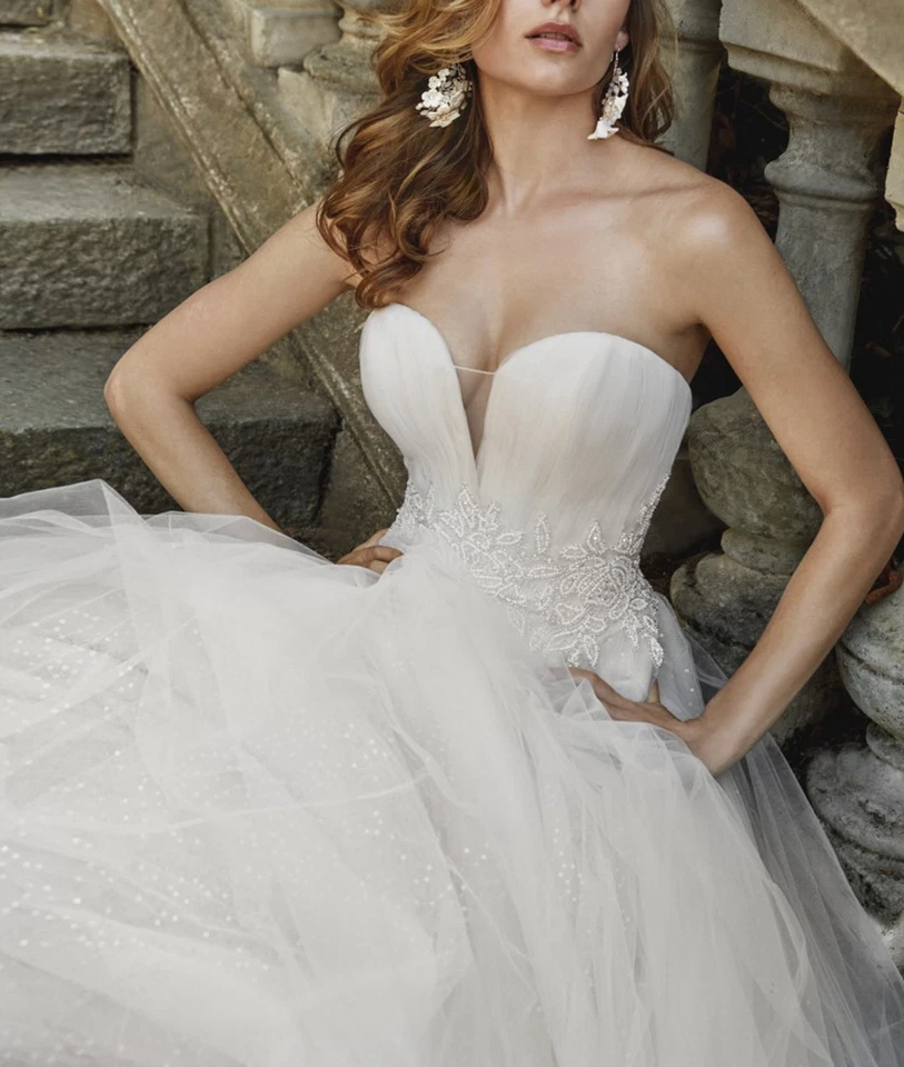 Schlichtes Ivory Glitzer Brautkleid Hochzeitskleid Perlen Applikation Prinzessin - Bild 3 von 4