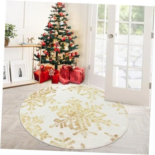 Snowflake Christmas Round Area Rugs, NonSlip Round Rug 4ft Round Gold