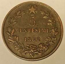 VITTORIO EMANUELE II 5 CENTESIMI 1862 NAPOLI COPPER COIN RAME 9