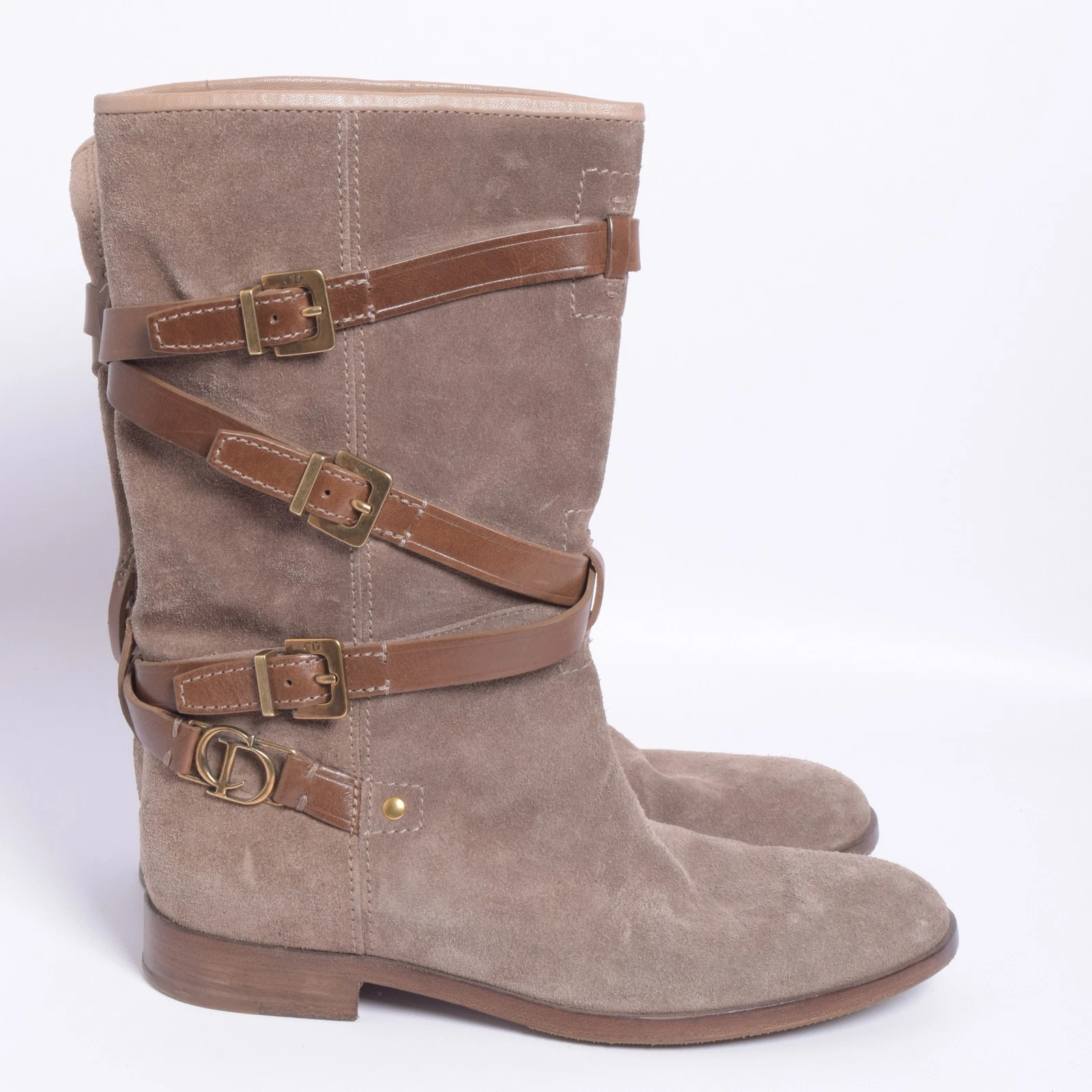 Bottines plates Christian Dior femme beige mi mollet bretelles daim boucle EU 37