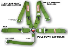 RACERDIRECT SFI 16.1 RACE HARNESS 3" INDIVIDUAL ROLL BAR MOUNT CAM LOCK GREEN