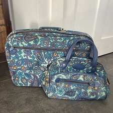 Vintage Bantam Travelware Floral Blue Yellow Mod Pattern Suitcase AND Purse 60's