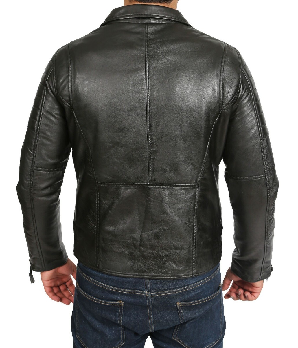 Mens Soft Black Leather Biker Jacket X-Zip Fasten Slim Fit Trendy