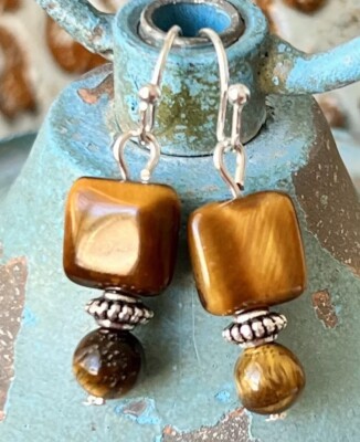 Beautiful Etched Silver Earrings with Tiger Eye Bead Earrings