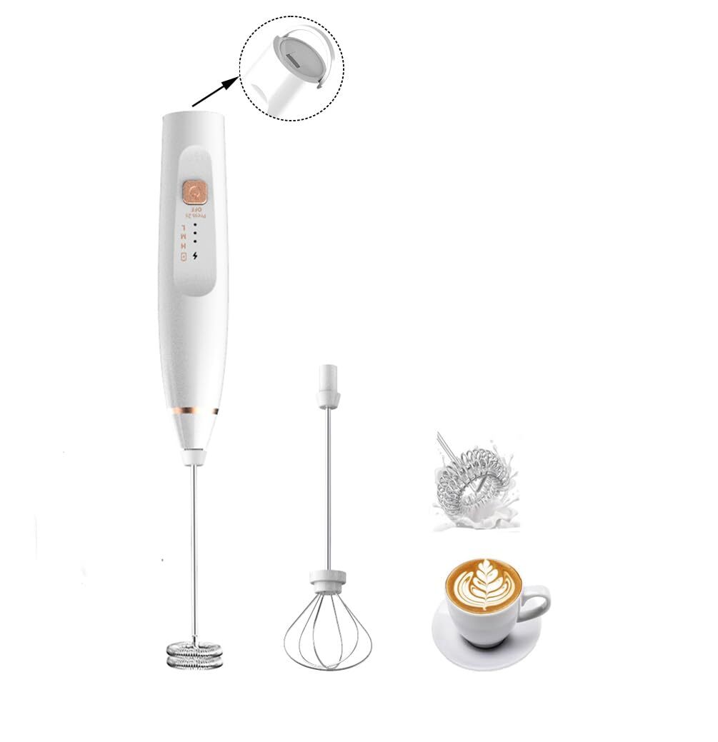Milk Frother Handheld Foam Maker with 2 Stainless Stirring Head 3 Speed Recha...