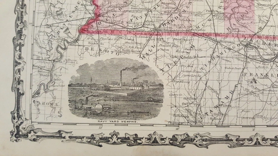 Antiguo mapa coloreado de Kentucky y Tennessee - Johnson's Family Atlas 1863 Foto 4 de 4
