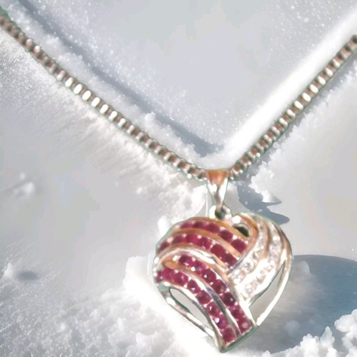 925 Ruby And Clear Topaz Heart Pendant Excellent Condition - Picture 4 of 6