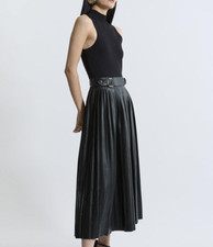 Karen Millen Knitted Midi Dress With Pu Leather Detailing Belted Blk Size XS NWT