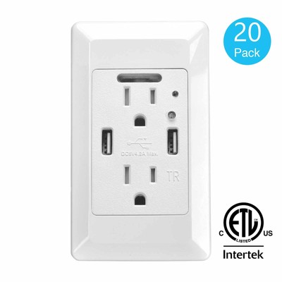 20PK LED Night Light Wall Socket Duplex Outlets 4.2A USB Ports Bathroom Lighting