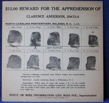 Original 1932 NC Reward Wanted Poster - Clarence Anderson from Wilkesboro, NC