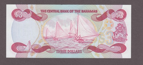 Bahamas 3 Dollars Banknote P-44 QEII L. 1974(1984) Gem UNC - Picture 2 of 2