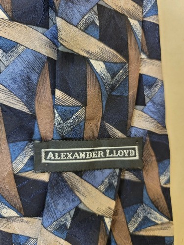Vintage Alexander Lloyd Tie Blues and Tans 100% Silk Made in USA T149 - Picture 2 of 3