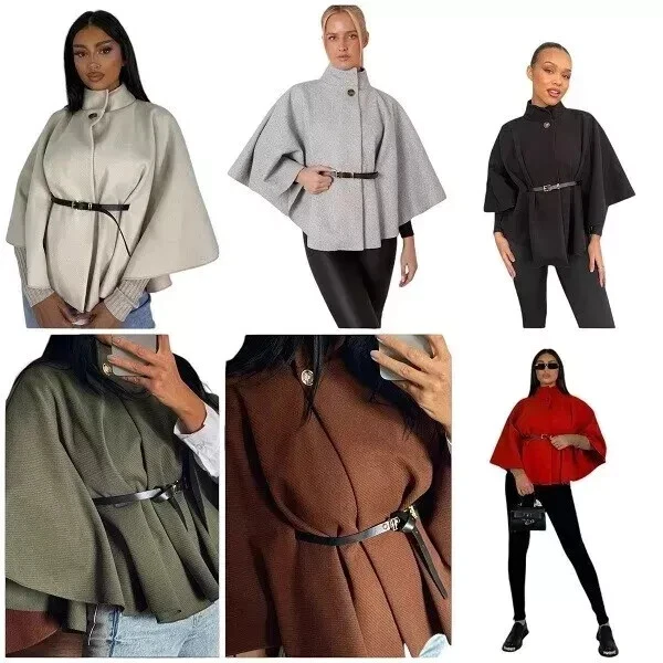 Women's Italian Jacket Belted Poncho Cape Coat 8-16