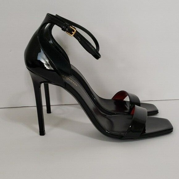 Nuovi sandali Saint Laurent in pelle verniciata nera ambra taglia 39 5 prezzo al pubblico $725