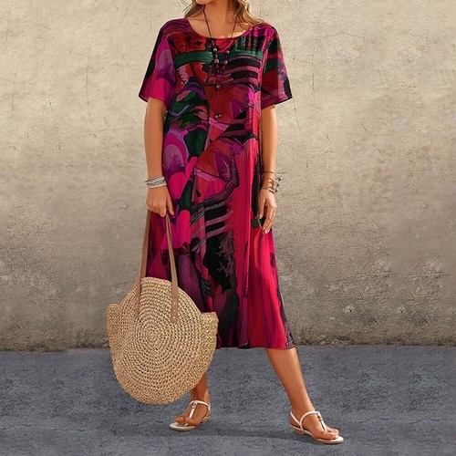 Damen-Maxikleid Mit Retro-Boho-Print Lässiges Kurzarm-Urlaubskleid Größe S- | - Picture 12 of 20