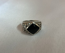925 Sterling Silver Filigree Ring 6 US Black Stone Agate/Onyx 