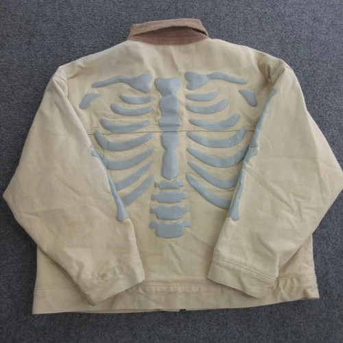 Ryoko Rain Jacket Mens Medium Beige Canvas Skeleton Graphic Full Zip Halloween image 9