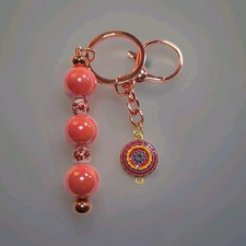 Pink Beaded Keychain w/ Detachable Rose Gold Keyring Multicolor Floral Charm