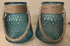 Set of 2 Blue Textured Glass Tea Light Candle Holder with Rope Handles.
