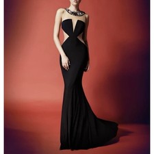 Sherri Hill Cut-out Illusion Beaded Neck Collar Gown Dress Maxi Black Sz 0 Prom