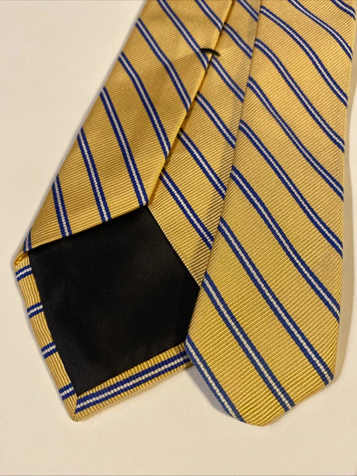 Corbata J.CREW de seda para hombre The Narrow - dorada con rayas azul marino y blanco, preppy Foto 3 de 4