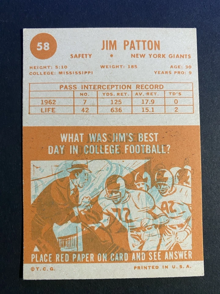 1963 Topps Football Jim Patton New York Giants Card #58 - Image 2 of 2
