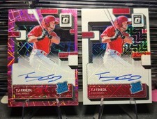 2 Card 2022 Donruss Optic TJ Friedl Rated Rookie Auto Lot Pink/49+White Mojo/99