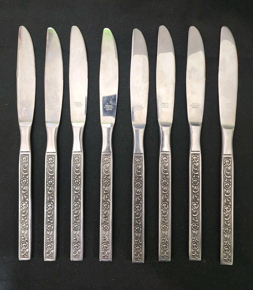 8 NASCO JAPAN STAINLESS COSTELLANO-DAVAO SERRATED MODERN SOLID PLACE KNIVES 🍽