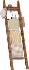 5-Tier Blanket Ladder, Wooden Blanket Display Rack, Towel Ladder with Hooks, Wal