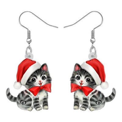 Christmas Acrylic Fun Santa Hat Scarf Cat Earrings Cartoon Bow Kitten Pets  - 02
