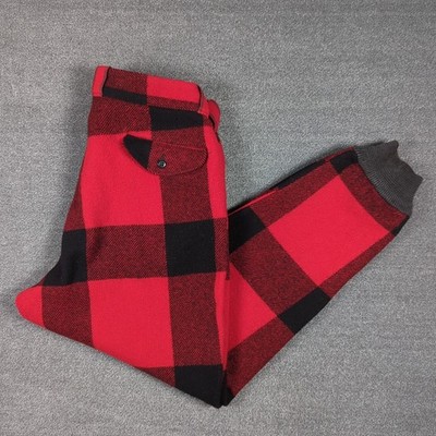 VTG Buffalo Plaid Wool Pants Mens 34x29 Red Black Hunting Outdoor Elastic Cuff