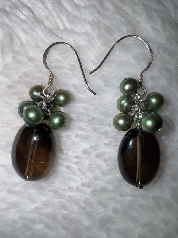 Vintage Sterling Smokey Quartz & Peacock Pearl Dangle Earrings 