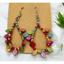 Colorful Beaded Leaf Earrings Teardrop Dangle Boho Jewelry