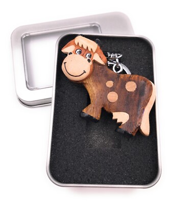 Wooden Cow House Cattle Calf Udder Animal Dairy Cow Keyring in Gift Box