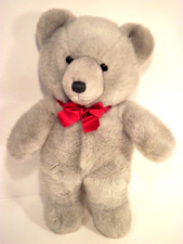 HTF 1990 Dakin Silver Gray Grey Plush Teddy Bear 15" Maroon Ribbon Vtg Stuffie