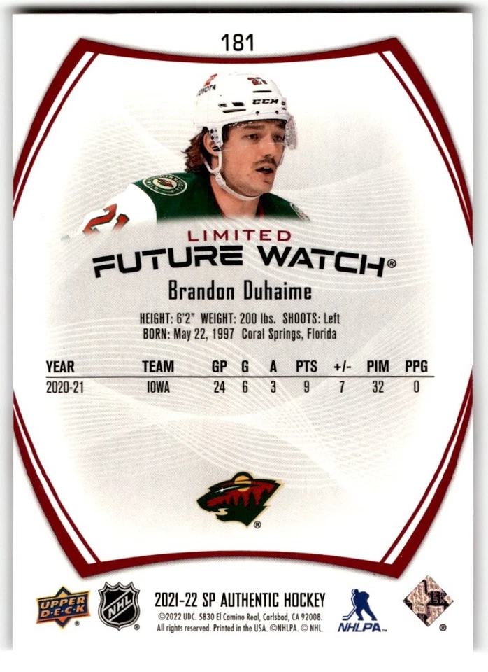 Brandon Duhaime 2021-22 SP Authentic Limited Red Future Watch Rookie #181 - Image 2 of 2