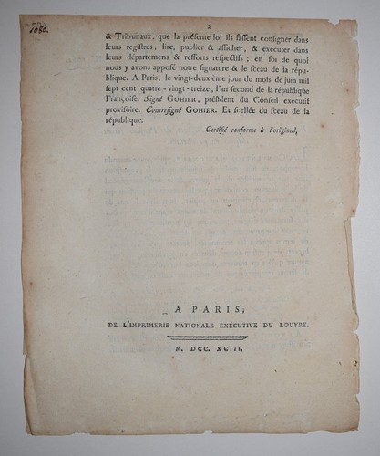 Brevets Pension Parchemin DECRET CONVENTION NATIONALE Gohier Revolution 1793 - Picture 2 of 2