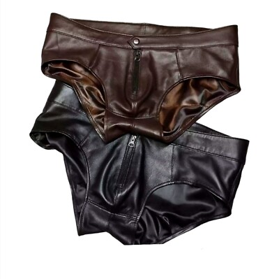 Men's Real Soft Lambskin Handmade Black And Brown Leather  Brief Thong Underwear