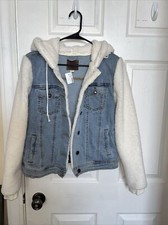 Maurices Women's Size Small Blue Denim Sherpa Faux Fleece Hooded Jacket Euc