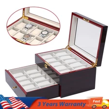 20-Slot Wooden Watch Box with Lock, Plush Lining & Glass Top Display Case
