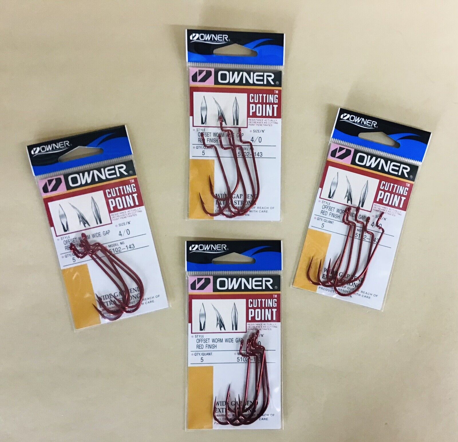 Lot of 4 Owner 5102-143 Worm Hook Size 4/0 3X Strong Offset Red 5
