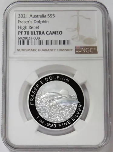 2021 SILVER AUSTRALIA $5 FRASER'S DOLPHIN HIGH RELIEF 1 OZ COIN NGC PF 70UC