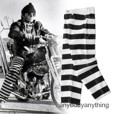 Mens 16oz Heavyweight Prisoner Stripe Pants Motorcycle Jeans Rock Denim Trousers