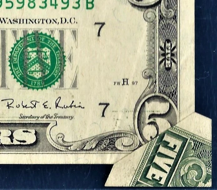 1995 $5 FW Error Pre-Back Print Foldover Error PCGS 53 PPQ Over Fold US Banknote - Image 2 of 4